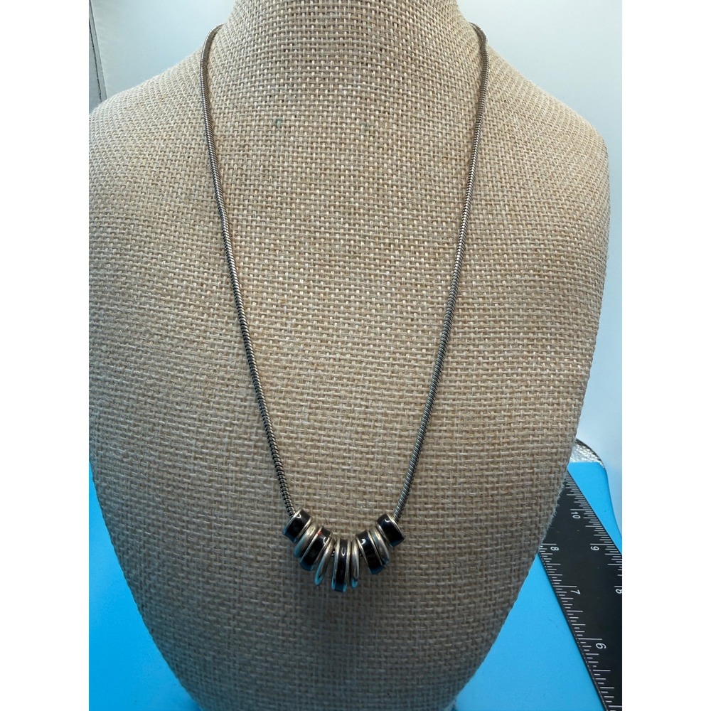Vintage Silver Tone Snake Chain Necklace Black Enamel Ring Charms Korea 18"